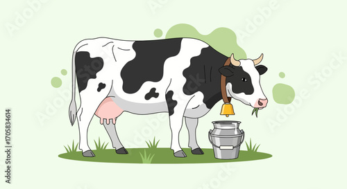 A Domestic Cow With Milk Container, Grazing On Grass Is Beautiful Dairy Illustration