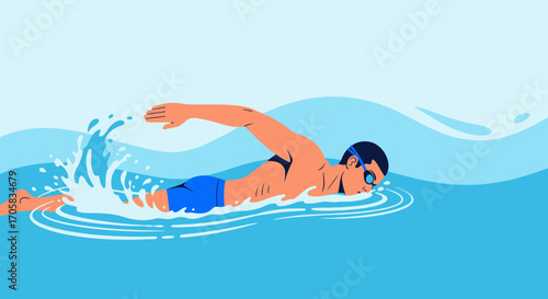 A Dynamic Illustration Of A Swimmer Demonstrating Freestyle Stroke In Vibrant Waterscape