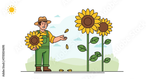 A Farmer Cultivating Sunflowers In A Field Under A Sunny Sky During The Day