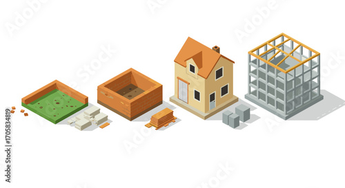 Evolution of building construction stages in isometric style