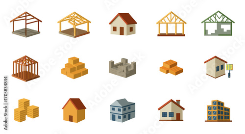 Isometric construction icons set featuring houses and building materials