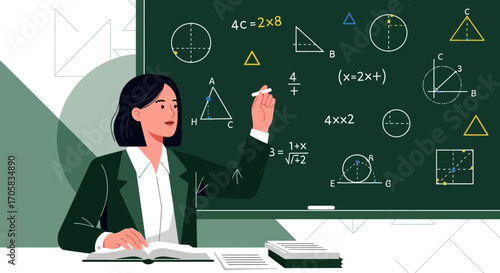 A Female Mathematics Teacher Explains Equations And Geometrical Shapes On A Blackboard