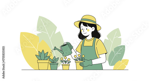 A Gardener Watering Potted Plants, Cultivating Nature's Green Blossoms For Joy and Wellness