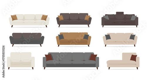 Modern sofa set collection with cushions in various styles and colors