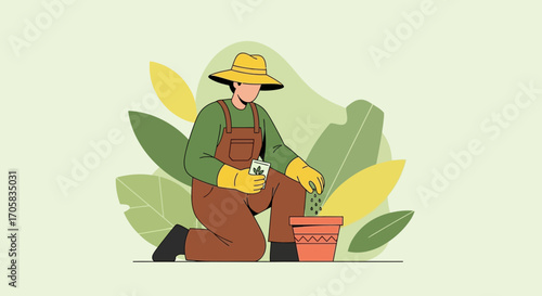 A Gardener Plants Seeds in a Pot, Illustrating Horticulture and Cultivating Greenery