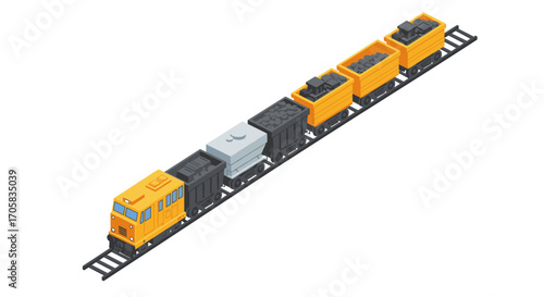 Isometric freight train on rails carrying coal with cargo cars
