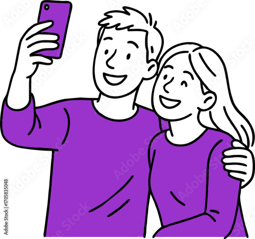 hand drawn style  Flat vector design ilustration happy couple with smartphone taking selfie
