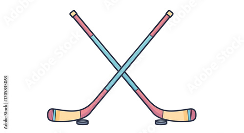 Two crossed hockey sticks with pucks, symbolizing competition and sport