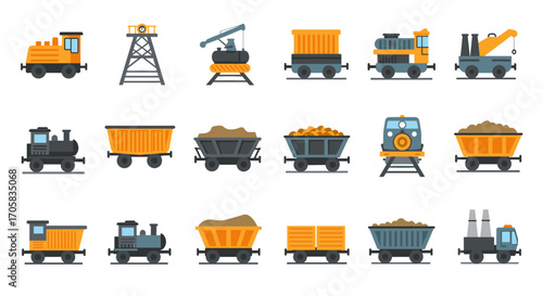Industrial vehicles and equipment: flat design icons of trains and machinery