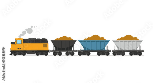 Cargo train with freight cars carrying piles of materials on railway tracks