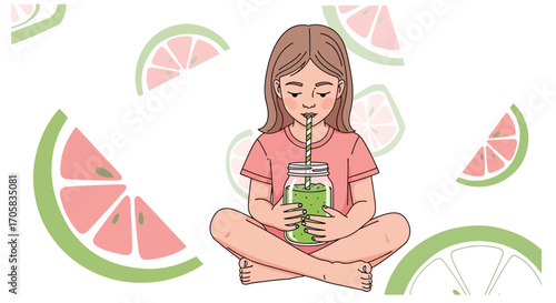 A Girl Sipping Refreshing Green Smoothie with Fruit Slices and Healthy Lifestyle Illustration