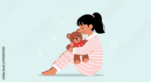 A Girl Embracing Her Teddy Bear Creating A Peaceful Moment Of Comfort And Affection