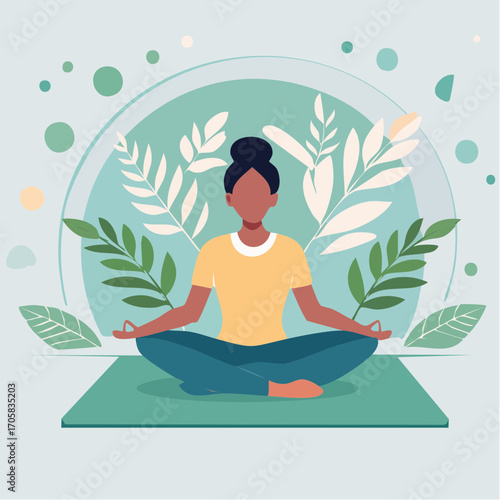 Peaceful woman meditating in a lotus yoga pose surrounded by leaves for mental health and wellness concept