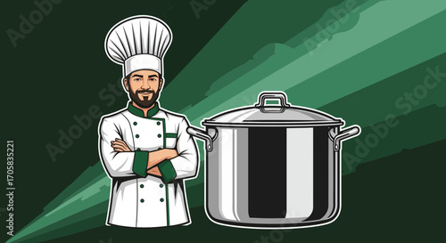 A Happy Chef Stands Beside A Gleaming Pot Ready For Cooking Culinary Delights
