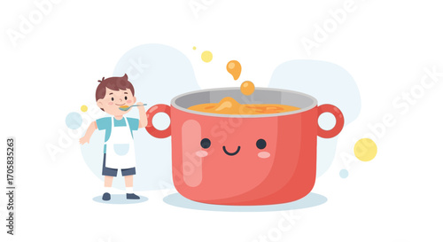 A Happy Child Tasting Soup From A Smiling Pot In A Vibrant Cartoon Illustration Scene