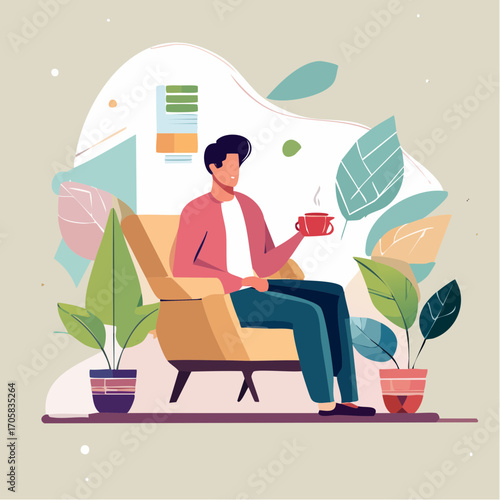 A man peacefully relaxing in a comfortable armchair with a hot cup of coffee, enjoying a quiet moment at home surrounded by lush indoor plants