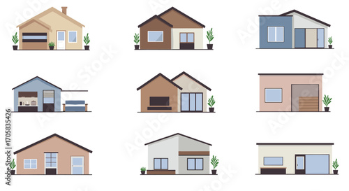 Modern flat style minimalist house designs set with various facades