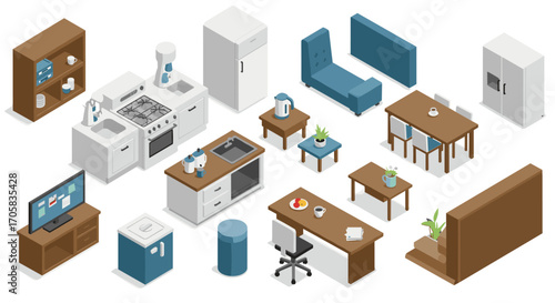 Modern isometric kitchen and living room furniture set in blue and brown tones
