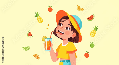A Joyful Expression: Little Girl Sipping Refreshing Juice, Surrounded by Tasty Fruits