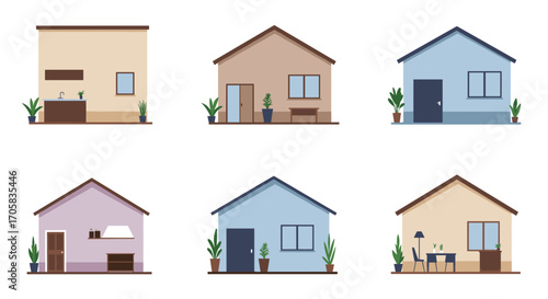 Flat style minimalist house facades set with various color schemes