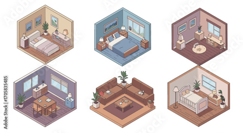 Cozy isometric room designs with furniture and decor in pastel colors