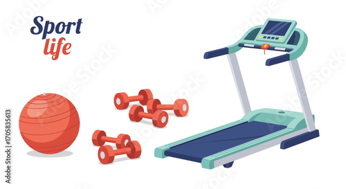 Home gym equipment including treadmill, dumbbells, and exercise ball for fitness and healthy lifestyle.