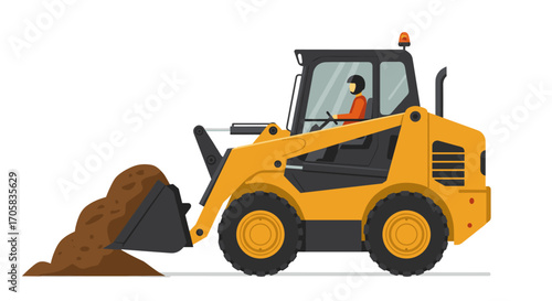 Flat design yellow front loader with worker operating excavator