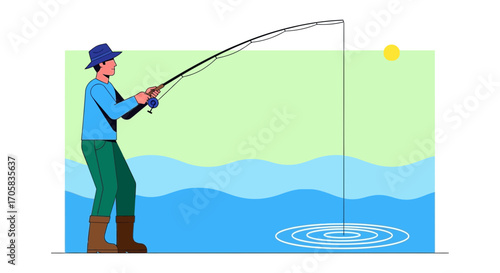 A Man Fishing Enjoying The Sun And Catching The fish in The Fresh water