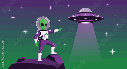 Alien Astronaut Points To Spacecraft Flying Above Purple Rock With Starry Night