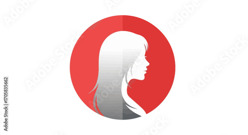 Profile silhouette of a woman's head with long flowing hair against a red circle