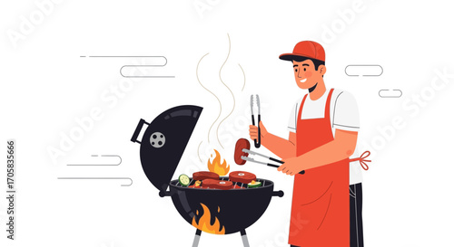 A Man Grilling Food Outdoors: A Delicious Summer BBQ Cartoon Illustration
