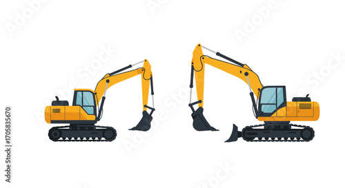 Yellow construction excavators in flat style on white background