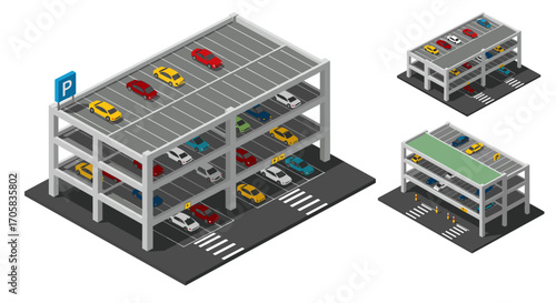 Multi level parking garage with cars in isometric view showcasing urban infrastructure