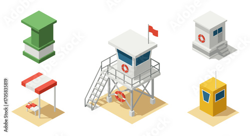 Isometric beach lifeguard towers and booths set with minimalist design