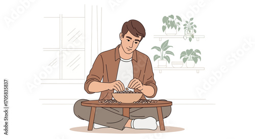 A Man Sorting Seeds at Home with Plants in the Background and Natural Light