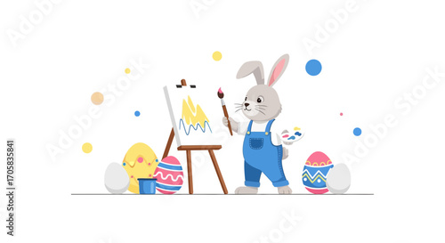 An Adorable Rabbit Artist Painting Easter Eggs with Colorful Decorations on White Background