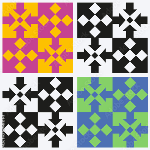 Ensemble de 4 Illustrations Mosaïques Jeu Visuel Observation, Illusion Optique, Quotient IntellectueI, Flèches imbriquées, Couleurs et Noir et Blanc Vecteur