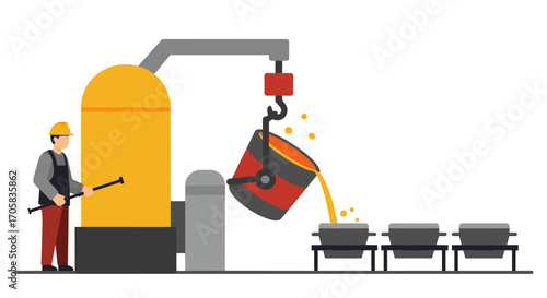 Industrial iron foundry process with worker and molten metal pouring in flat style