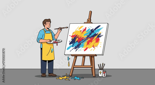 An Artist At Work Creating Colorful Abstract Art On A Canvas With Brush And Palette