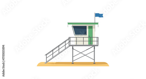 Minimalist beach lifeguard tower with blue flag on sandy beach