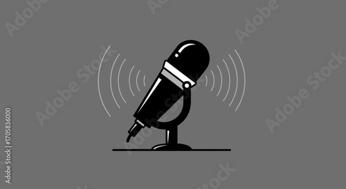 A Modern Graphic Illustration Of A Professional Microphone With Sound Waves On Gray Background