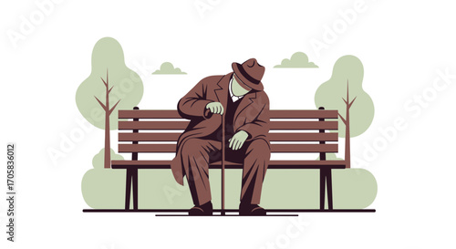 An Elderly Gentleman Resting Subdued on a Park Bench With A Walking Stick