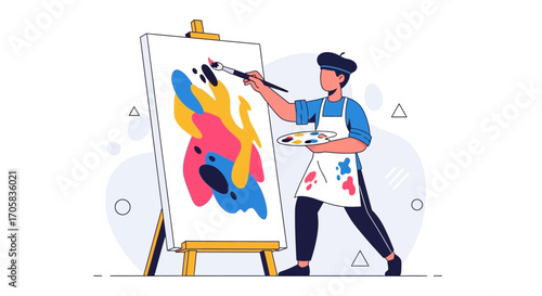 An Enthusiastic Artist In Front Of His Canvas, Expressing Emotions With Brilliant Hues