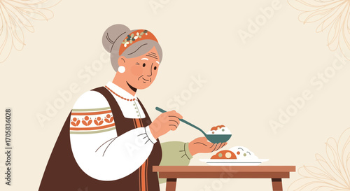 An Elderly Woman Serving Food in Traditional Attire, an Authentic Cultural Illustration