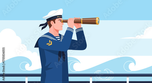A Nautical Sailor Observes The Waters Using A Telescope During The Day On The Sea