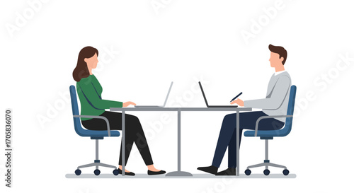 Business meeting with two people working on laptops at office desk