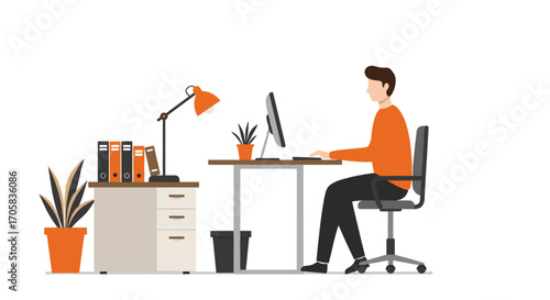 Office workspace with man working at desk in flat style