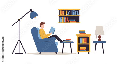 Cozy reading nook with armchair, floor lamp, and bookshelves in flat design