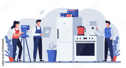 Modern kitchen appliance store with people shopping in flat design