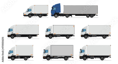 Variety of modern cargo trucks in side view